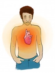 Ein Mann ist Oberkörperfrei. Er schaut traurig. Das Herz in seiner Brust ins eingezeichnet und leuchte in einem großen roten Kreis drumherum.